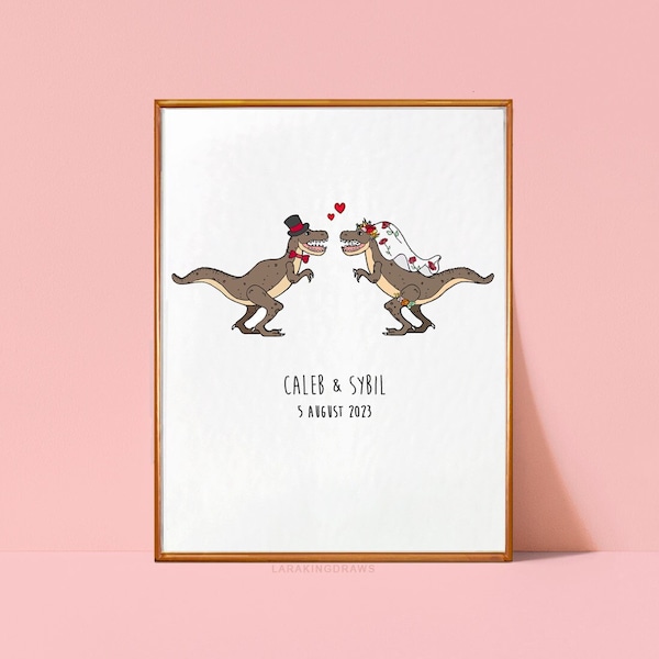 Personalised Dinosaur Wedding Gift for Geek Bride and Groom, Funny T Rex Wall Decor, Newlyweds Christmas Present Under 30