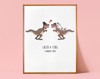 Personalised Dinosaur Wedding Gift for Geek Bride and Groom, Funny T Rex Wall Decor, Newlyweds Christmas Present Under 30