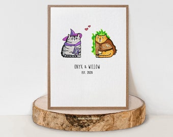 Cats DnD Printable Wall Art, Libro degli ospiti per l'inaugurazione della casa, Libro degli ospiti alternativo A3, per coppia di giocatori nerd, gattino blu russo smoking tartaruga