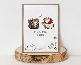 Libro degli ospiti del matrimonio di DnD Cats, Libro degli ospiti alternativo A3, Segno fantasy stampabile, Coppia di giocatori nerd, Gattino Tabby Shorthair Ginger Black Orange