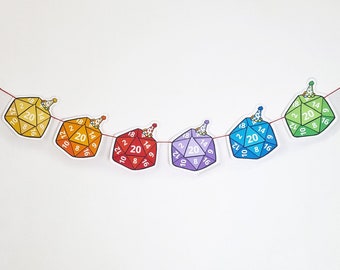 DnD Multi Colour Birthday Banner, Printable Birthday Garland, Dungeons and Dragons Birthday Decoration, D20 Gift for Him Her