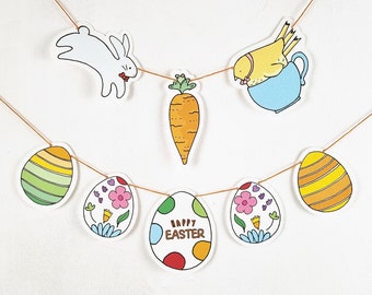 Printable Easter Egg Garland, Colourful Spring Bunting, Bunny Party Decorations, Floral Spring Art, For Kids, Digital Download