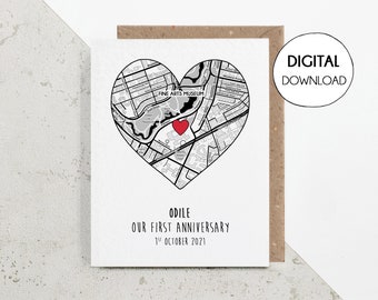 Personalised first date map card, 1 year anniversary gift for boyfriend or girlfriend, 3 6 months dating