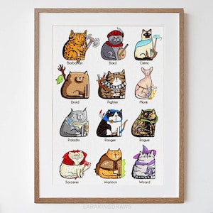 Dungeons and Cats Print, DnD Cat Poster, Cat Lover Birthday Gift, Nerdy Tabletop Gamer, RPG Fantasy Wall Art