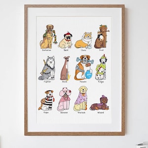 Dungeons and Doggos Print, Fantasy Room Decor, DnD Classes Artwork, Dungeons and Dogs Gift for Friend, Geek Christmas Present