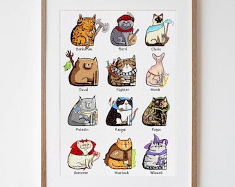 Dungeons and Cats Print, DnD Feline Classes, Fantasy Wall Decor, Funny Birthday Gift for Nerdy Cat Lover