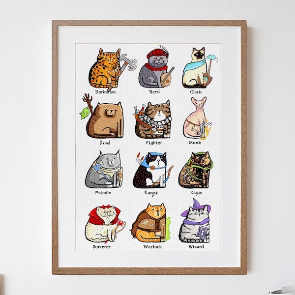 Dungeons and Cats Print, DnD Feline Classes, Fantasy Wall Decor, Funny Birthday Gift for Nerdy Cat Lover