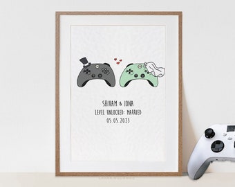 Customised Gamer Couple Wedding Gift, Video Game Wall Art, Geek Living Room Home Decor,  for Nerdy Husband Wife, Wedding Day Present