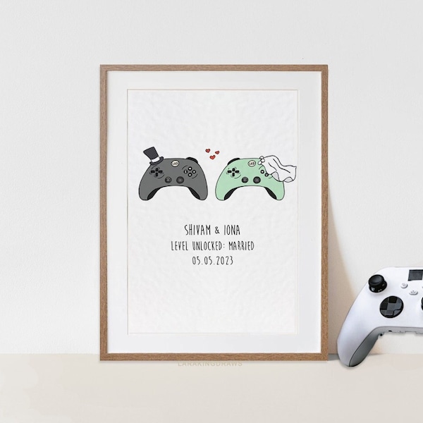 Customised Gamer Couple Wedding Gift, Video Game Wall Art, Geek Living Room Home Decor,  for Nerdy Husband Wife, Wedding Day Present