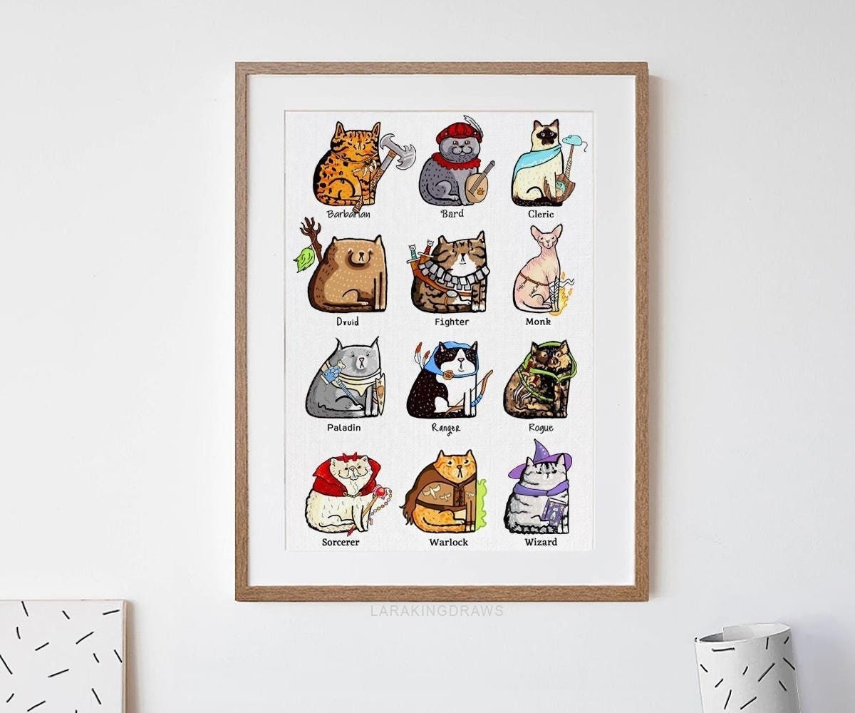 Dungeons and Cats Print, DnD Feline Classes, Fantasy Wall Decor, Funny Birthday Gift for Nerdy Cat Lover