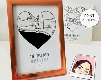 Custom First date Anniversary Gift, Location Map Heart Printable, Romantic Christmas Gift For Boyfriend Girlfriend