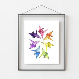 Paper Crane-bow Rainbow Origami Watercolor Art Print/ Watercolor Artwork/ Rainbow Art/ Origami Artwork