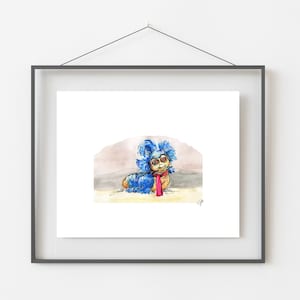 May include: A watercolor illustration of a blue caterpillar wearing glasses and a red scarf. The caterpillar is sitting on a brown surface with a light brown background.