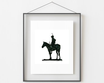May include: A framed print featuring a silhouette of a person on horseback, holding a spear. The artwork is in dark green and black tones, with a white background. The print is displayed in a black frame, hanging on a white wall.