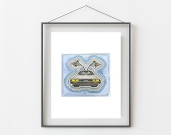 DeLorean Time Machine Watercolor Art Print - Back to the Future 80s Movie