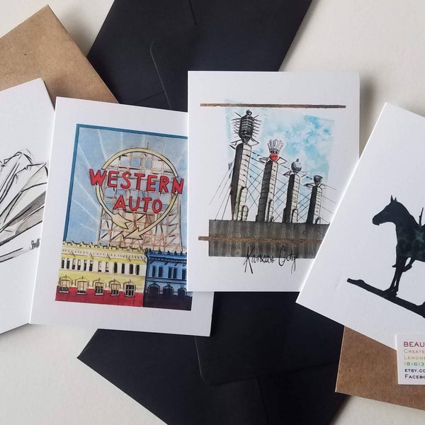 4 Pack Kansas City Greeting Cards- Blank Inside- Western Auto, Bartel Hall, The Scout, Shuttlecock