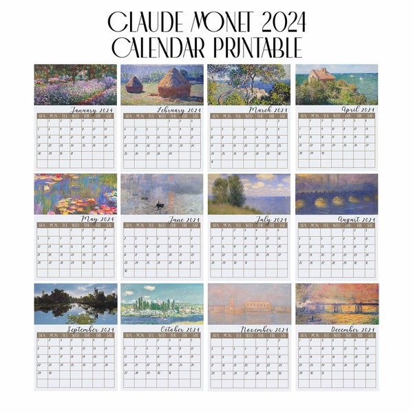 2024 Printable Calendar, Claude Monet Calendar, Beginning Sunday and Monday
