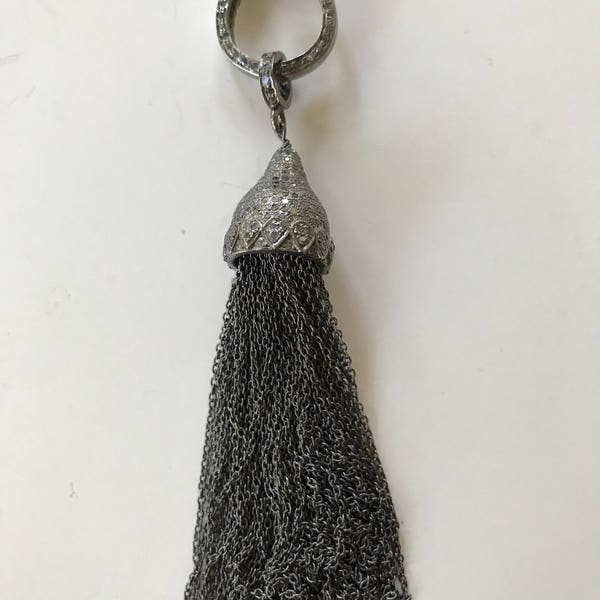 34" Pyrite Bead Necklace with Fancy Focal Diamond Bead, Pave Diamond Lobster Clasp and Pave Diamond Tassel