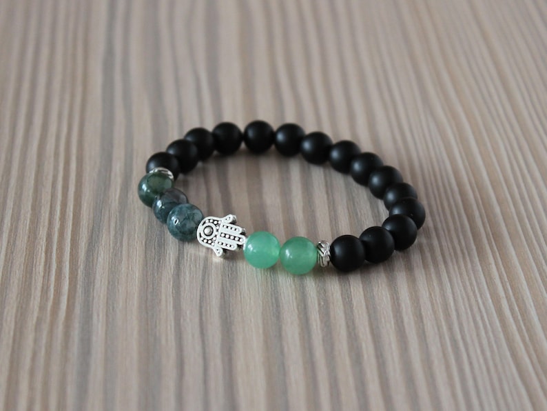 Hamsa bracelet homme Moss agate stretch bracelet Black onyx stone yoga jewelry Green aventurine beaded Black stone Hamsa protection bracelet