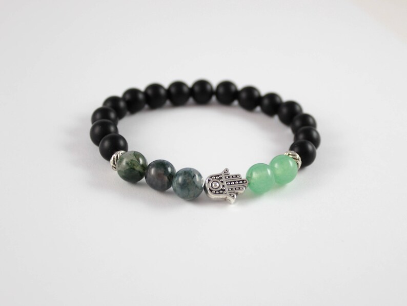 Hamsa bracelet homme Moss agate stretch bracelet Black onyx stone yoga jewelry Green aventurine beaded Black stone Hamsa protection bracelet