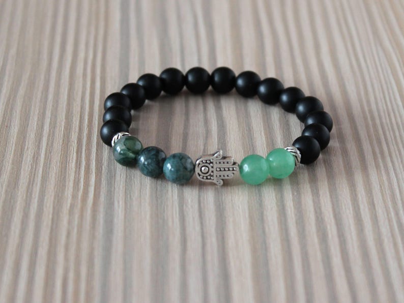 Hamsa bracelet homme Moss agate stretch bracelet Black onyx stone yoga jewelry Green aventurine beaded Black stone Hamsa protection bracelet