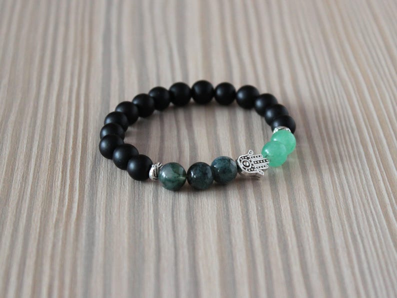 Hamsa bracelet homme Moss agate stretch bracelet Black onyx stone yoga jewelry Green aventurine beaded Black stone Hamsa protection bracelet
