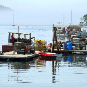 Lobster boat dock in the fog, Maine coast