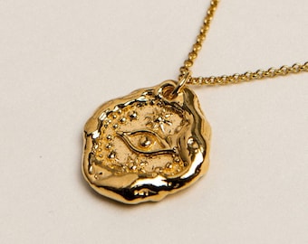 Evil Eye Necklace, 24K Gold Plated, Nazar, Coin Necklace, Her Watchful Gaze, Gold Coin Pendant, Greek Jewelry, Talisman, Birthday Gifts
