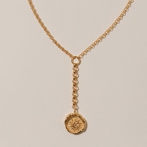 Collana con moneta del sole, vermeil oro 24K, carta Pamela, laccio Bay of Silence, romano, gioielli antichi, medaglione, collana con moneta, regalo di compleanno