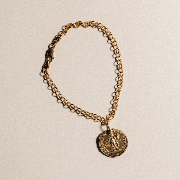 Veritas Aequitas Bracelet, 24K Gold Plated, Coin Bracelet, Vintage Jewelry, Pamela Card, Charm Bracelet, Medallion Jewelry, Amulet, Gifts