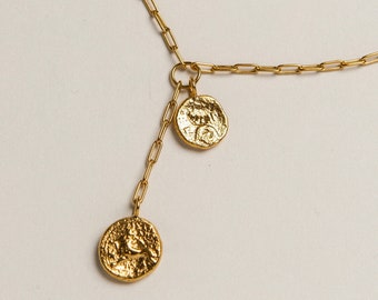 Gold Coin Lariat, Guardian Of Might, 24K Gold Vermeil, Medallion, Greek Necklace, Pamela Card, Paperclip Chain, Courage, Gifts For Her