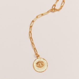 Collier lariat, plaqué or 24 carats, lariat pour les yeux illuminant, carte Pamela, bijoux grecs, collier mauvais œil, bijoux grecs, bijoux anciens