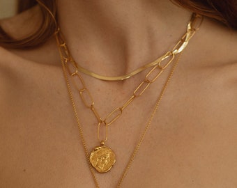 Gold Coin Necklace, 24K Gold Plated, Root Of Desire Lariat, Amulet Jewelry, Aphrodite Coin, Layering Necklace, Love Jewelry, Paperclip Chain