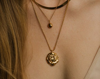 Gold Coin Necklace, Birth of Venus Necklace, 24K Gold Plated