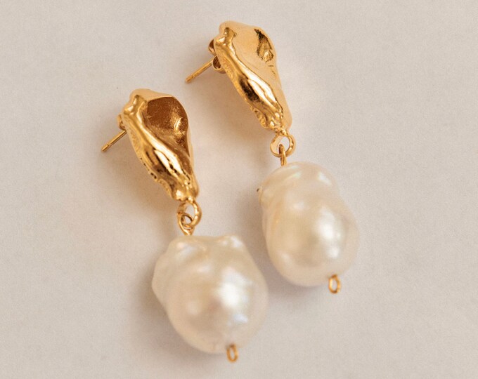 24K Gold Vermeil Baroque Pearl Earrings, Handmade Ancient Jewelry