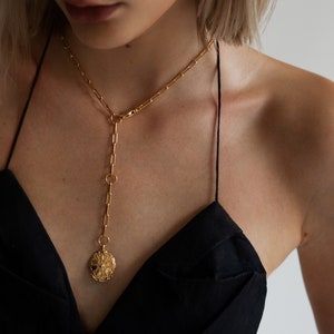 Trompe-l'oeil-ketting, 24-karaats vergulde ketting, gouden munt, Pamela Card, Lariat, Y-ketting, oude sieraden, cadeaus voor haar, amuletketting