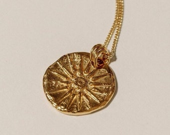 Gold Sun Coin, 24K Gold Plated, Layering Necklace, Unconquerable Sun, Greek Jewelry, Mythology Necklace, Birthday Jewellery, Pamela Card