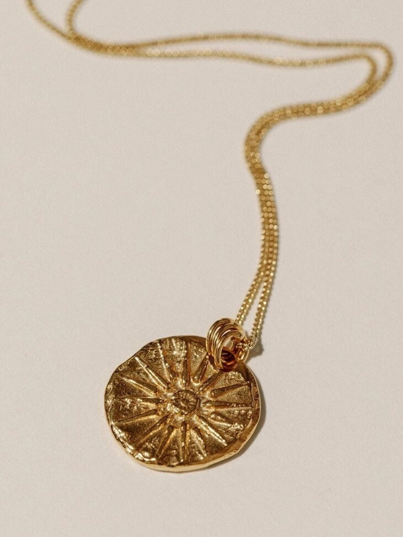 Gold Sun Coin, 24K Gold Plated, Layering Necklace, Unconquerable Sun, Greek Jewelry, Mythology Necklace, Birthday Jewellery, Pamela Card image 1