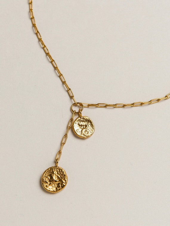 Gold Coin Lariat Necklace Guardian of Might 24K Gold Plated 