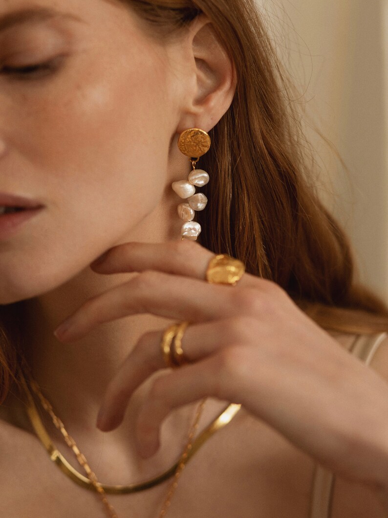 Gold Pearl Earrings, 24K Gold Plated, Guardians Of Us, Dangle Earrings, Bridal Earrings, Wedding Jewelry, Feminine Earrings, Pamela Card image 7