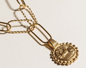 The Heavenly Flight Amulet Lariat Necklace, 24K Gold Plated Necklace, Gold Coin Necklace, Pamela Card, Lariat Necklace, Mythology