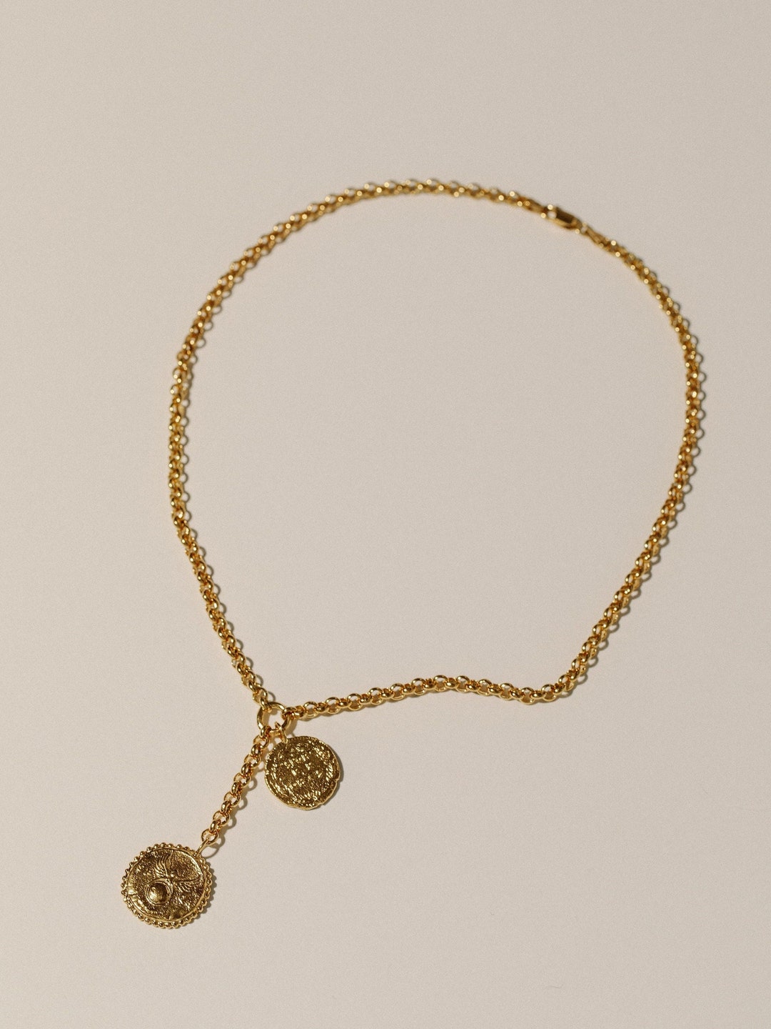 Gold Coin Lariat Necklace Guardian of Might 24K Gold Plated 