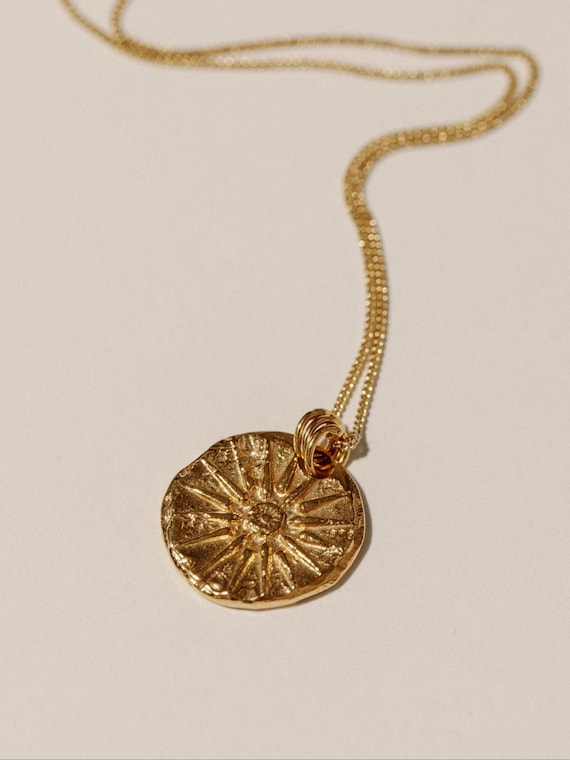 24K Gold Vermeil Sun Coin Necklace – Greek Vergina Sun Pendant – Symbolic Ancient Jewelry Gift