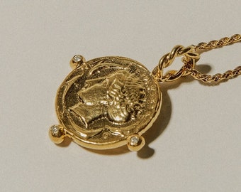 Gold Coin Necklace, 14K Gold Necklace, Diamond Necklace, Medallion Necklace, Pamela Card, Greek Necklace, Aphrodite Amulet, Medallion, Gifts