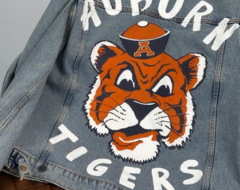 College Tiger Denim Jacket, Hand Painted Jean Jacket Made to Order, Team Spirit Mascot Back Art, Custom Denim Jacket, Men Women