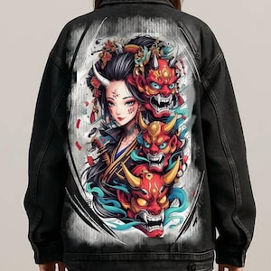 Hand Painted Jacket Made to Order: Painted Denim Jacket, Unique Personalized Clothes, Custom Japanese Oni Art Jean Jacket, Wearable Art Gift