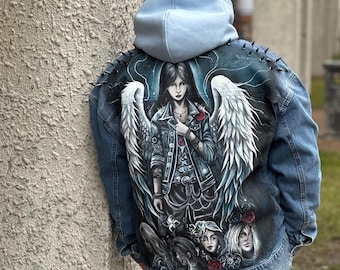 Gothic Angel Denim Jacket Made to Order, Hand Painted Jean Jacket with Wings Back Art, Dark Aesthetic Custom Denim Jacket, Men Women