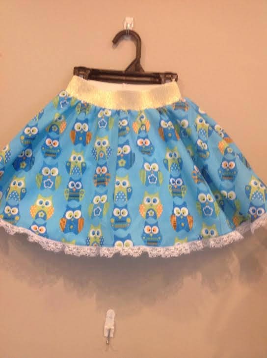 Handmade Girls size 4T blue skort with white lace and owls