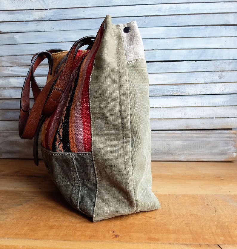 Canvas and Kilim Tote Bag Recycled Military bag Leather Handles Upcycled Army Bag