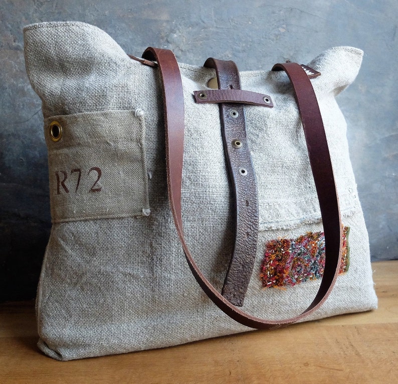 Burlap tote bag sac cabas leather handles Etsy
